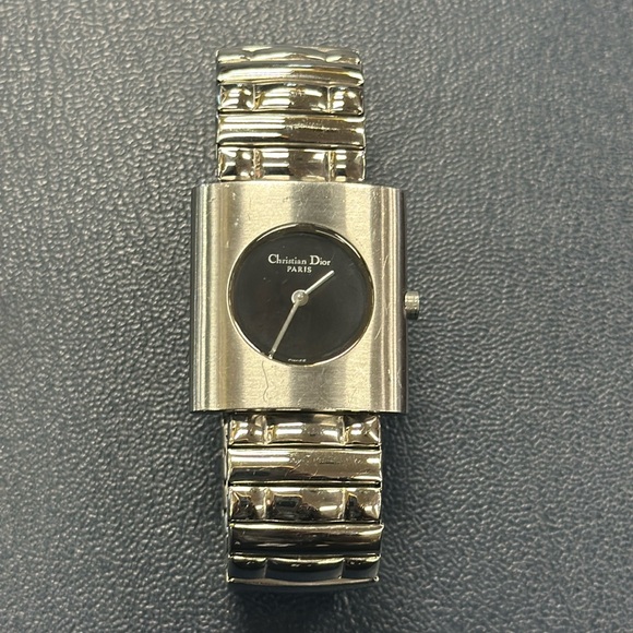 Vintage Christian Dior silver tones stretch band with black face watch - Picture 1 of 6